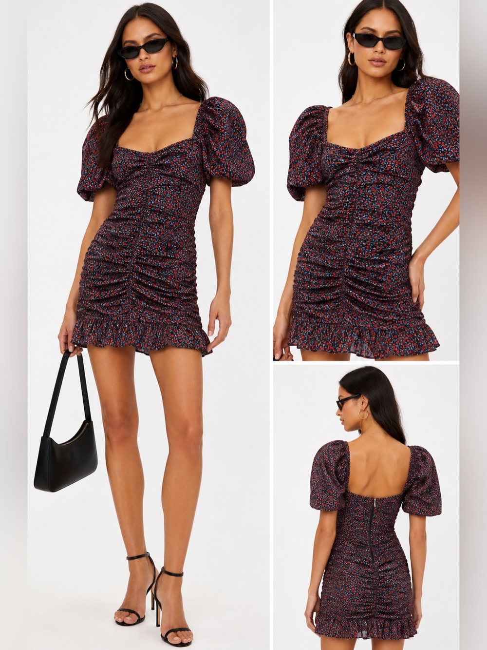etophe Studios Ruched Puff Sleeve Mini Dress Floral Print Statement Piece